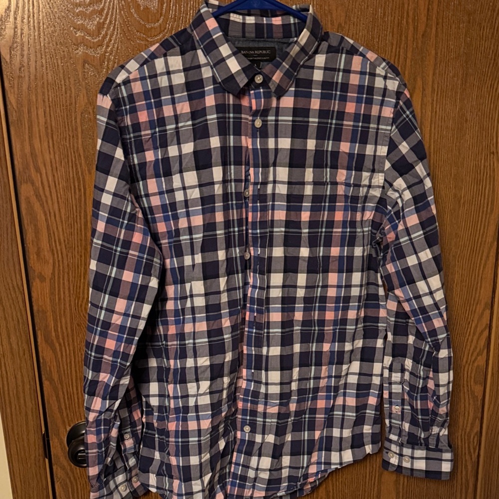 Banana Republic Navy and Pink Checkered Shirt